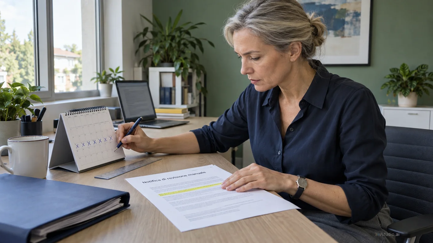 Donna firma un documento alla scrivania in ufficio, con laptop, calendario e piante sullo sfondo, luce naturale dalla finestra.