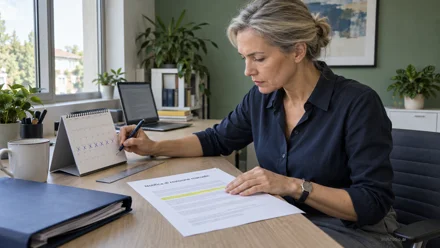 Donna firma un documento alla scrivania in ufficio, con laptop, calendario e piante sullo sfondo, luce naturale dalla finestra.