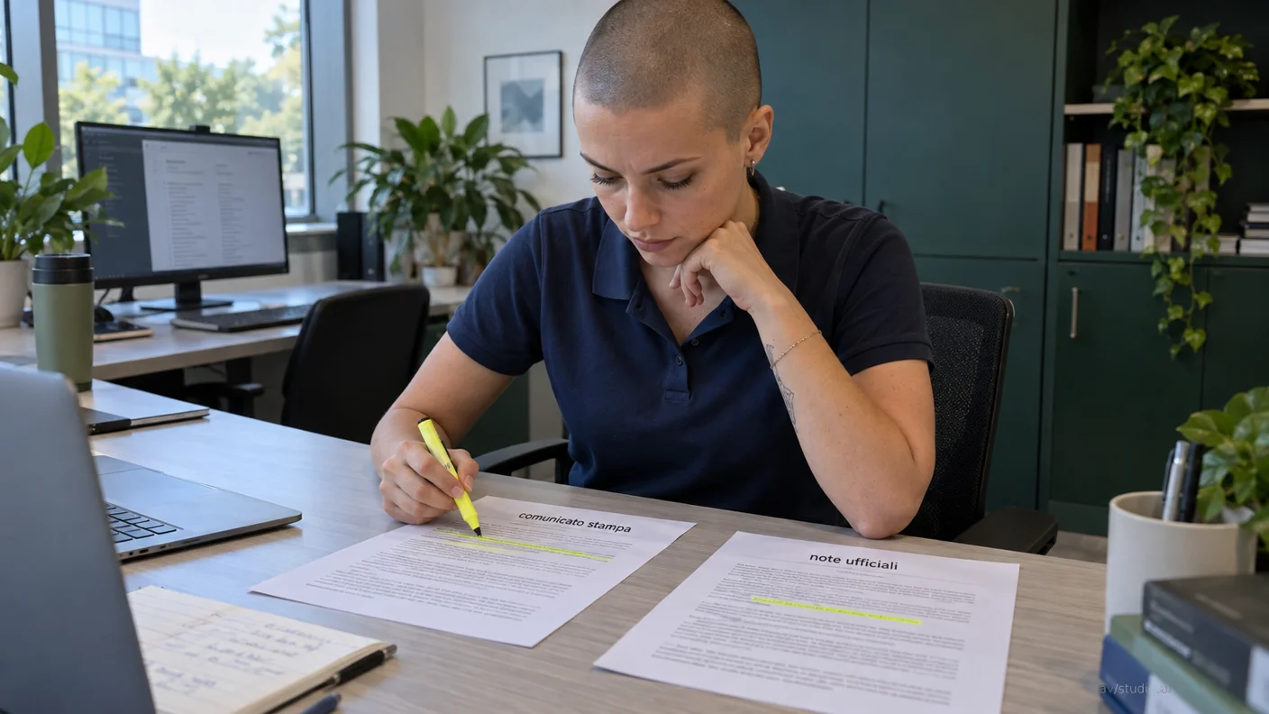 Donna a capo rasato seduta alla scrivania evidenzia con pennarello giallo un documento stampato, accanto a un monitor e piante verdi.