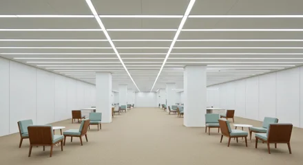 Corridoio ufficio simmetrico con pareti bianche, illuminazione al neon e prospettiva centrale che si perde in lontananza, atmosfera asettica.