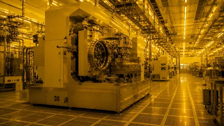 Centro dati con corridoi di rack server illuminati da luce blu, cavi in fibra ottica intrecciati e pannelli metallici lucidi in prospettiva.
