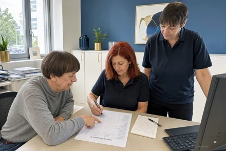 Tre persone in un ufficio moderno esaminano un documento su una scrivania: una firma mentre le altre due osservano, luce naturale dalla finestra.