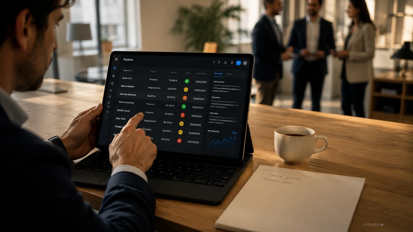 Schermo CRM con grafico pipeline a imbuto, icone AI e barre di scoring colorate su scrivania da ufficio vendite.