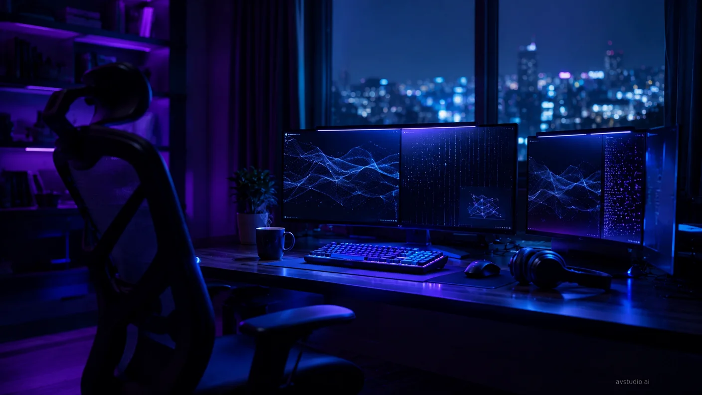 Circuiti stampati verdi con chip AI sovrapposti, illuminazione tecnica fredda, dettaglio macro elettronico ad alta risoluzione.