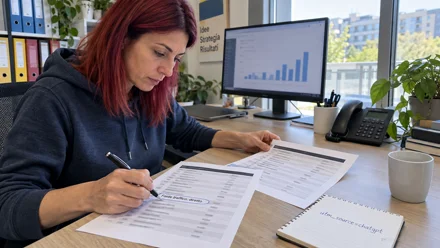 Donna con capelli rossi scrive su fogli stampati seduta alla scrivania, davanti a un monitor con grafico a barre, in un ufficio luminoso.