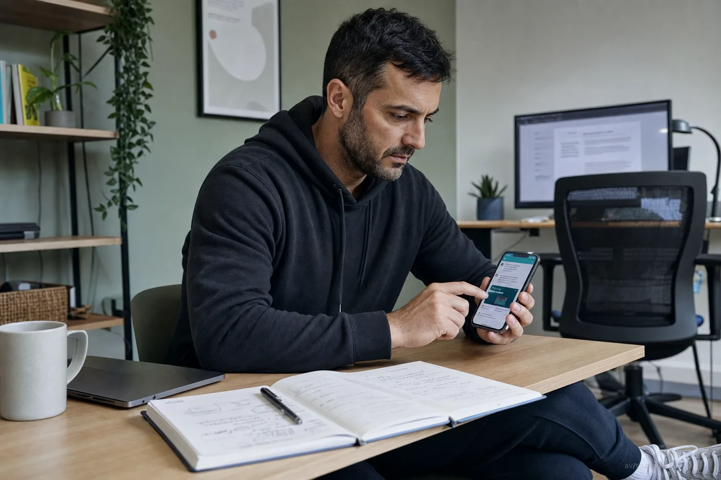Uomo seduto a una scrivania consulta uno smartphone, davanti a taccuino aperto, tazza e portatile, con monitor sullo sfondo.