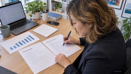 Donna scrive su un documento alla scrivania, accanto a un grafico a barre, un laptop acceso e uno smartphone, luce naturale diffusa.