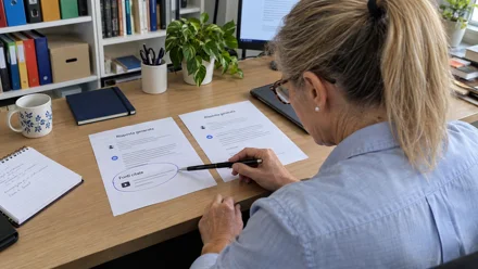 Donna seduta a una scrivania legge due fogli stampati, penna in mano. Sullo sfondo libreria, monitor acceso e pianta su mobile.