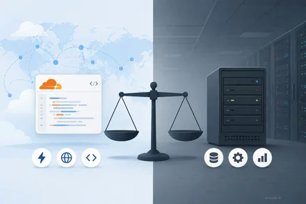 Due server rack affiancati in data center buio, uno con LED arancioni Cloudflare, l'altro con indicatori verdi VPS tradizionale, luce fredda.