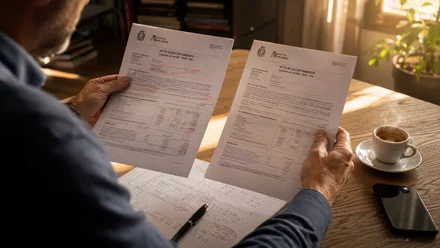 Scrivania con documenti fiscali italiani, calcolatrice e penna stilografica su carta intestata con timbro ufficiale, luce naturale laterale.