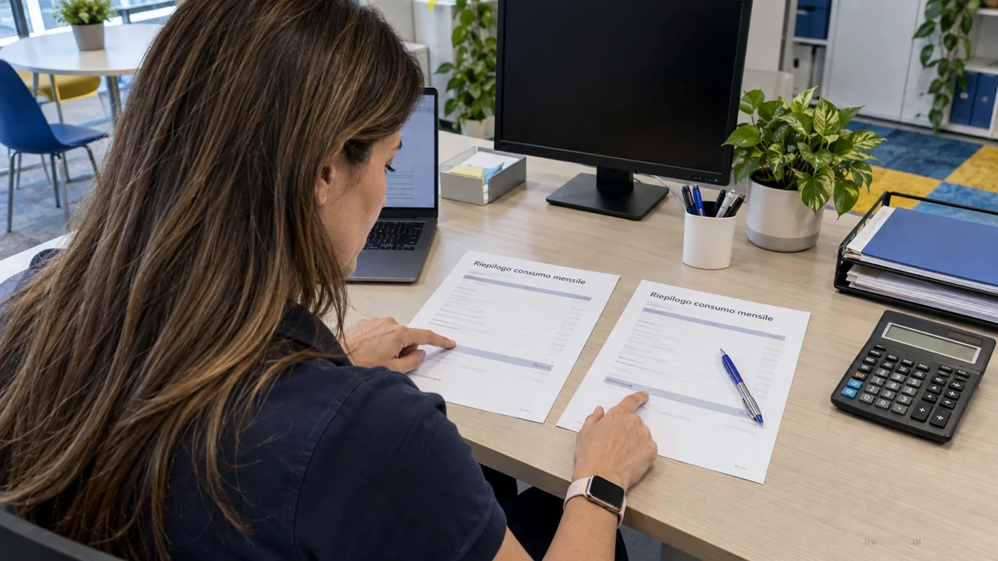 Donna seduta a una scrivania confronta due fogli stampati indicandoli con le dita, accanto monitor, laptop, calcolatrice e portapenne.