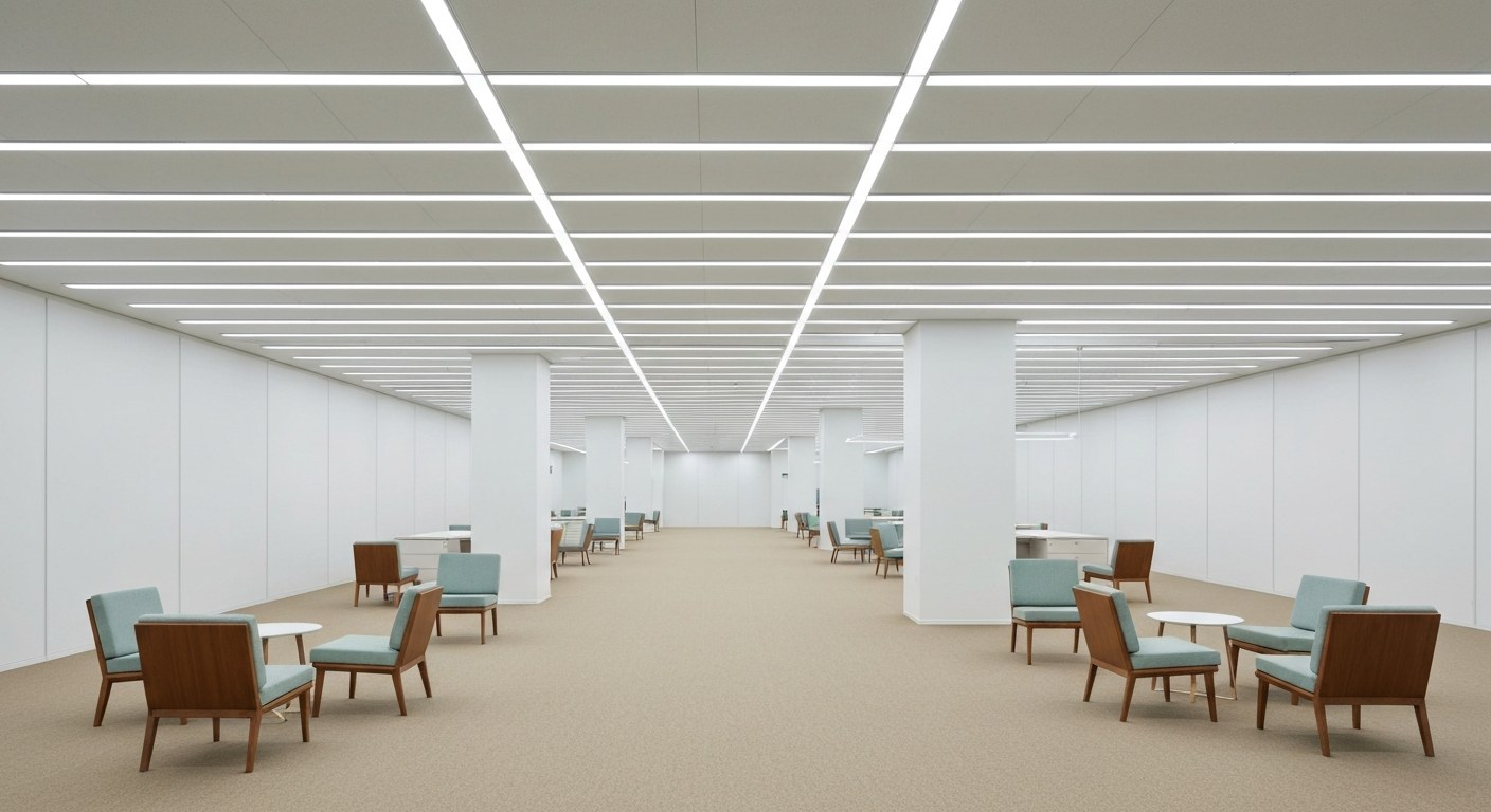 Corridoio corporate stile Severance, simmetria one-point perspective, atmosfera sterile retro-futuristica