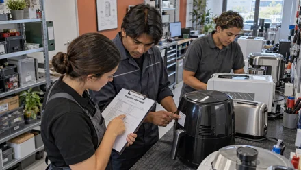Due tecnici controllano una scheda con appunti davanti a una friggitrice ad aria, mentre una terza persona lavora su un elettrodomestico in un laboratorio.