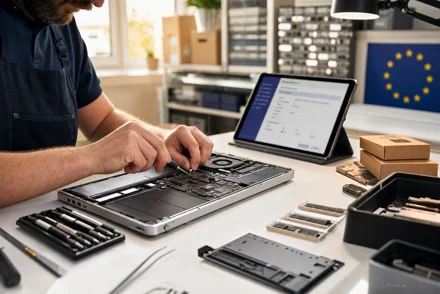 Un tecnico smonta un laptop aperto su un banco da lavoro, circondato da cacciaviti e componenti. Sullo sfondo, un tablet e la bandiera europea.