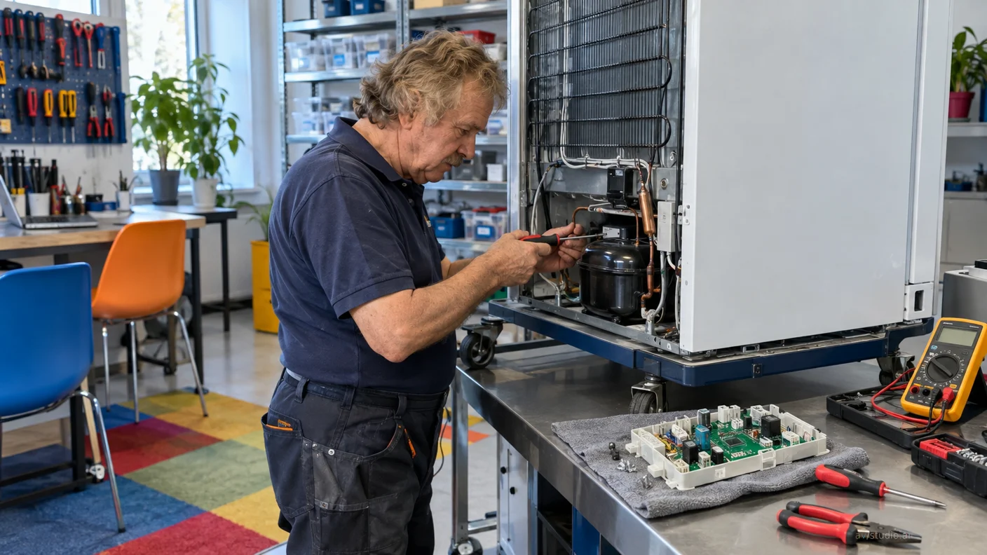 Tecnico ripara un elettrodomestico in un'officina, con cacciaviti e multimetro sul banco di lavoro e componenti elettronici smontati.
