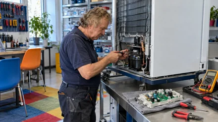Tecnico ripara un elettrodomestico in un'officina, con cacciaviti e multimetro sul banco di lavoro e componenti elettronici smontati.