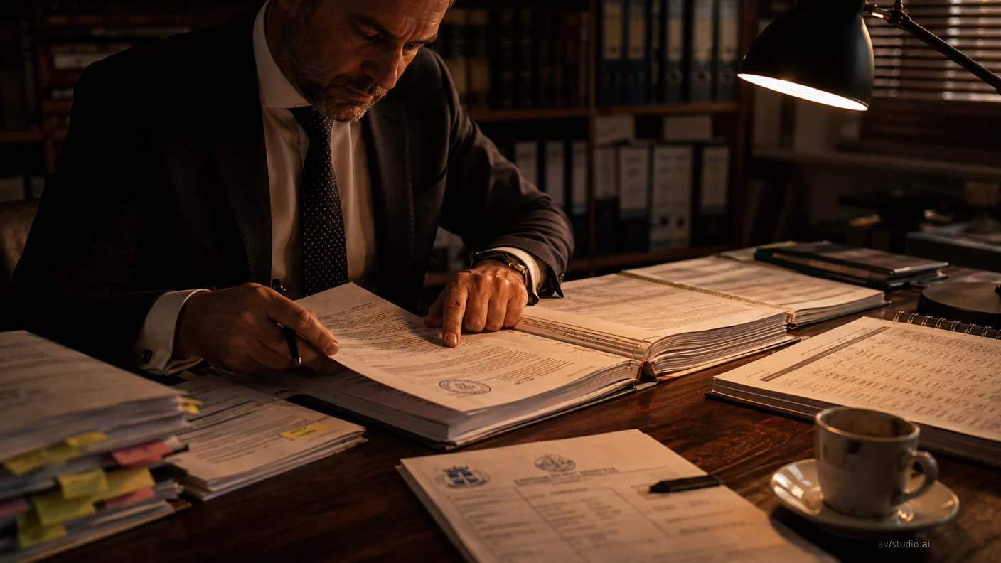 Fascicoli cartacei e codici tributari aperti su scrivania con timbro ufficiale e penna stilografica, luce naturale laterale.
