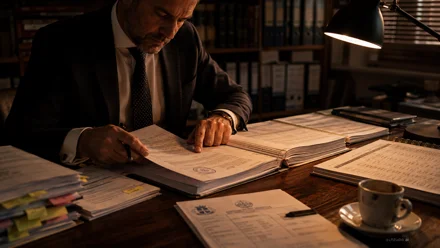 Fascicoli cartacei e codici tributari aperti su scrivania con timbro ufficiale e penna stilografica, luce naturale laterale.