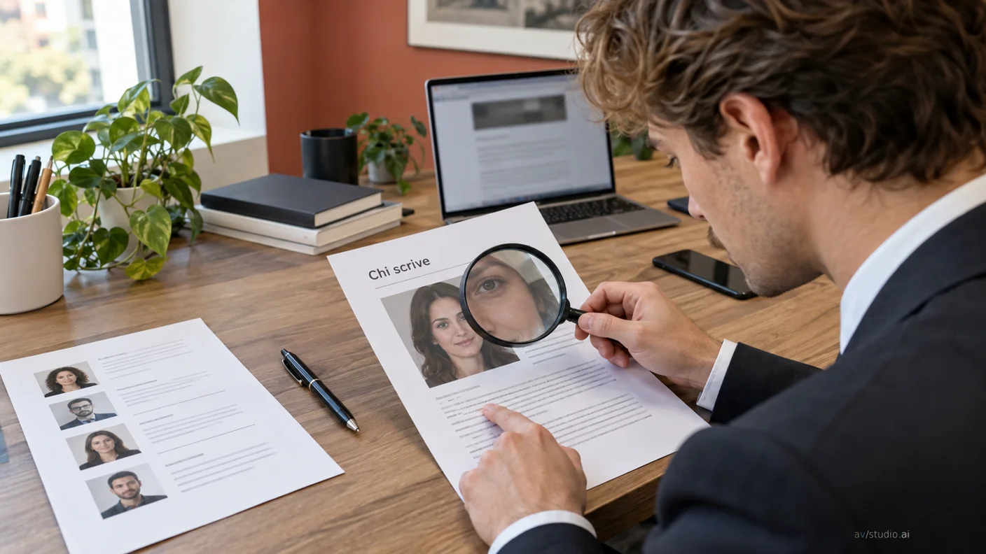 Uomo in giacca esamina con una lente d'ingrandimento un foglio stampato con foto e testo, seduto a una scrivania con laptop acceso.