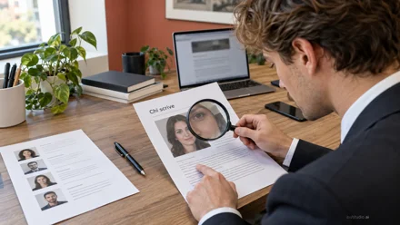 Uomo in giacca esamina con una lente d'ingrandimento un foglio stampato con foto e testo, seduto a una scrivania con laptop acceso.