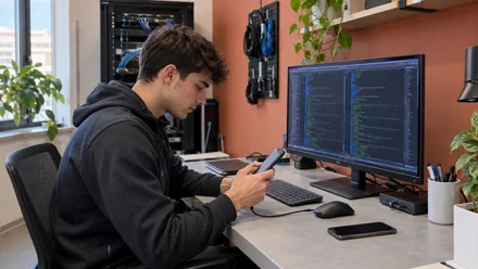 Un uomo seduto alla scrivania osserva uno smartphone, davanti a un monitor con righe di codice. Luce naturale da finestra laterale.
