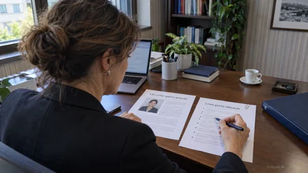 Donna di spalle firma documenti stampati su una scrivania in ufficio, con laptop, tazzina di caffè e piante sullo sfondo.