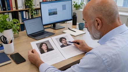 Uomo alla scrivania osserva un documento stampato con due foto profilo e testo, tenendo una penna in mano. Sullo sfondo monitor e laptop accesi.
