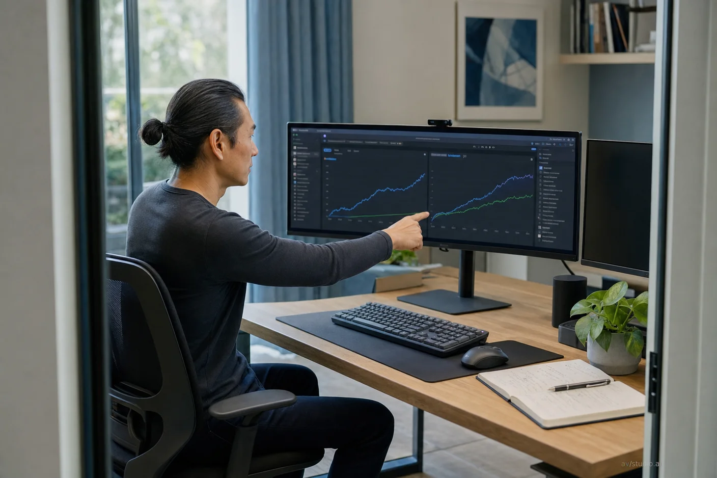Uomo seduto in ufficio domestico indica grafici su monitor con dati finanziari, scrivania in legno con tastiera e pianta.