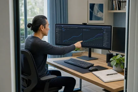 Uomo seduto in ufficio domestico indica grafici su monitor con dati finanziari, scrivania in legno con tastiera e pianta.