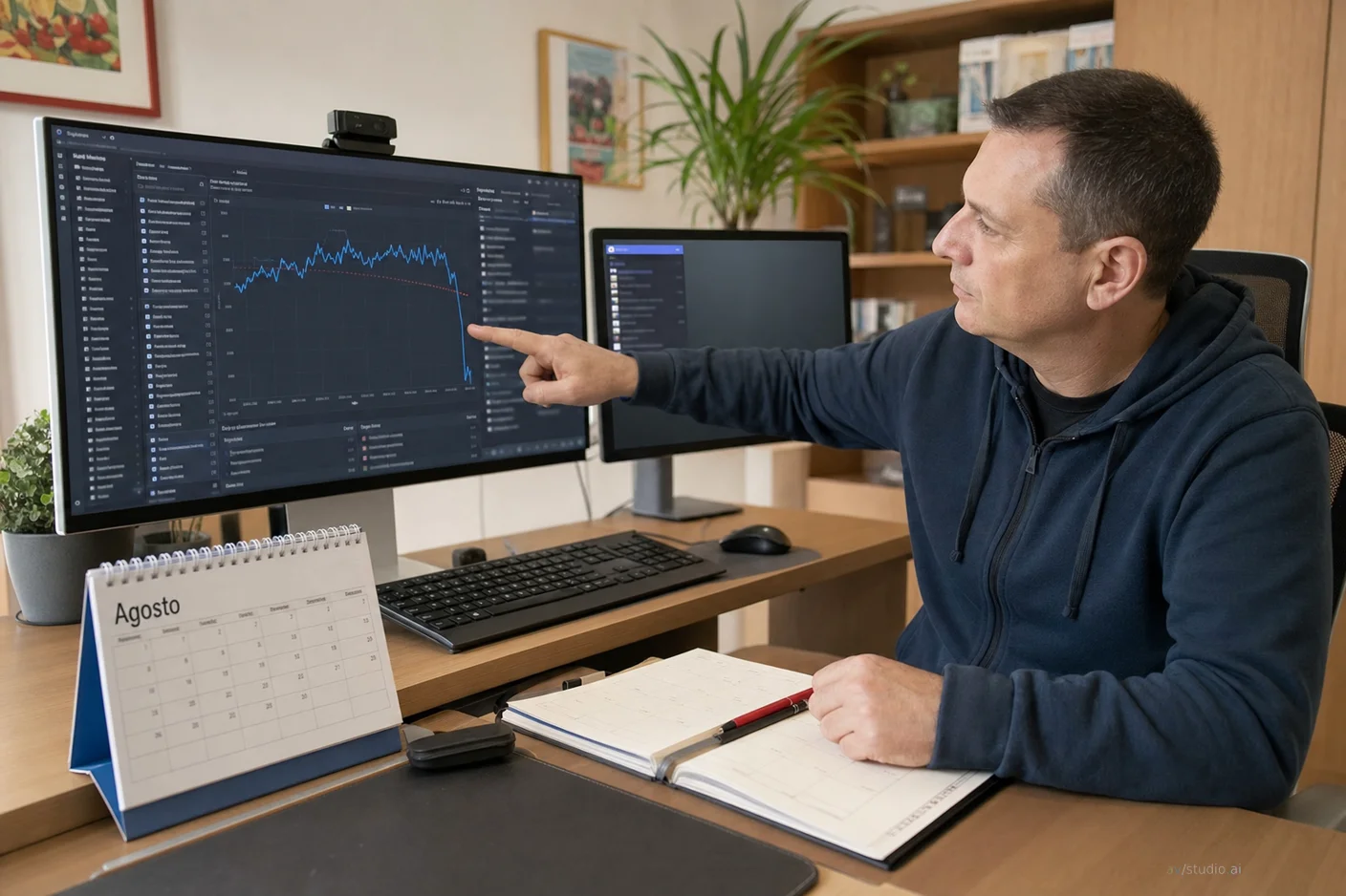 Uomo alla scrivania indica un grafico su un monitor, in una stanza con libreria e pianta, calendario di agosto in primo piano.