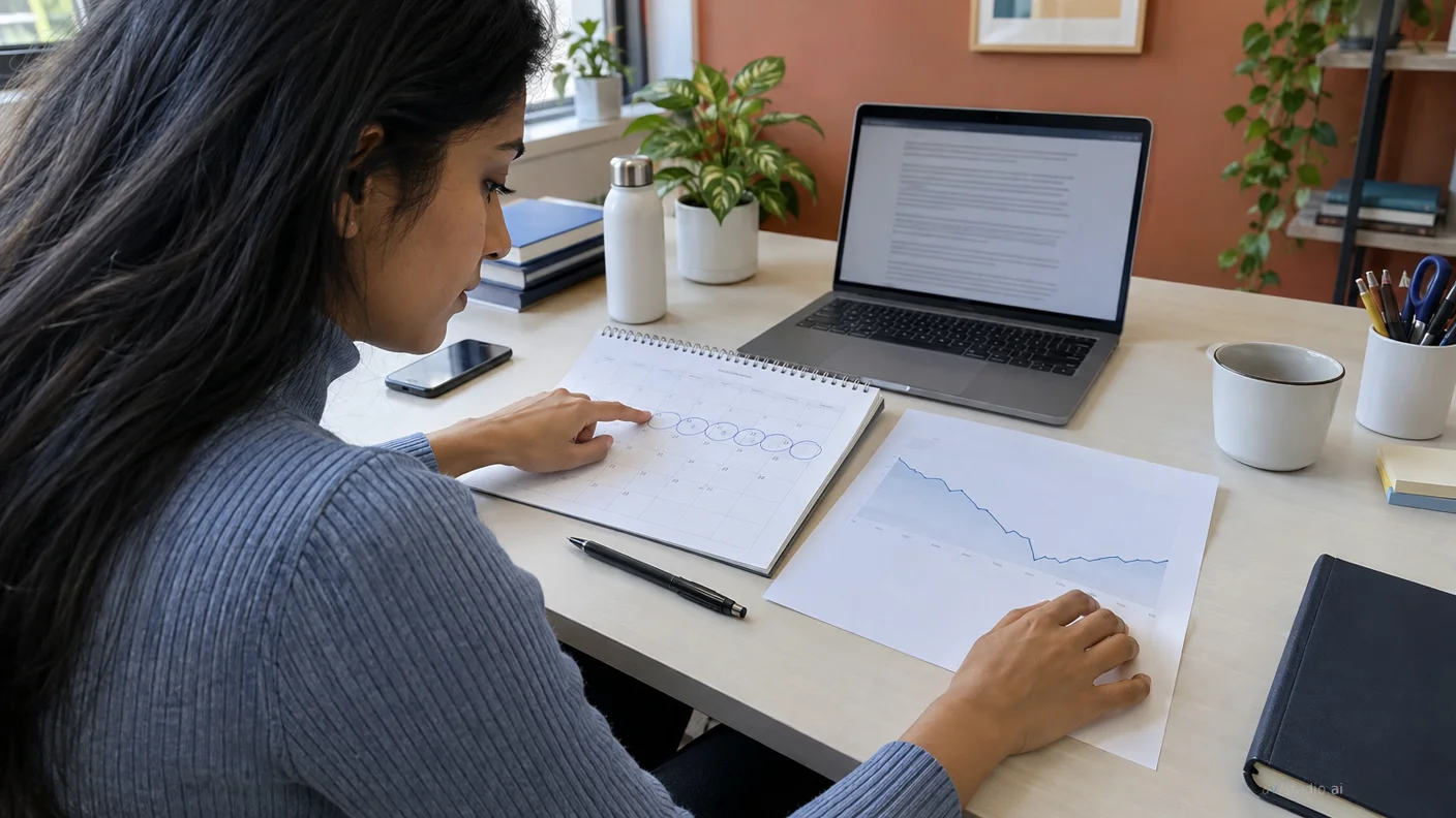 Donna seduta a una scrivania osserva un grafico stampato su carta accanto a un taccuino, con laptop acceso sullo sfondo e luce naturale dalla finestra.