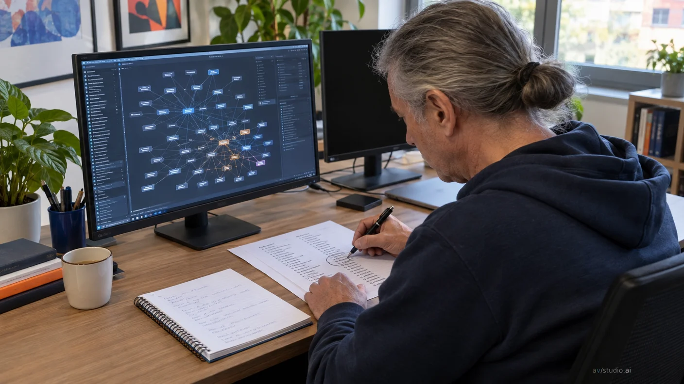 Uomo scrive su quaderno a spirale alla scrivania, davanti a due monitor con grafici e schemi, in uno studio con piante e luce naturale.