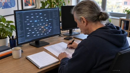 Uomo scrive su quaderno a spirale alla scrivania, davanti a due monitor con grafici e schemi, in uno studio con piante e luce naturale.