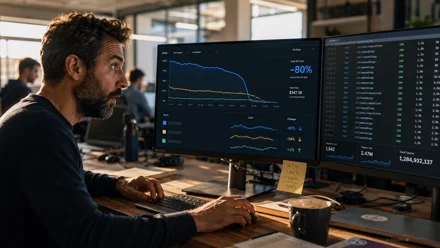 Schermo con terminale API aperto, codice JSON su sfondo scuro, luce blu monitor riflessa su scrivania minimalista italiana.