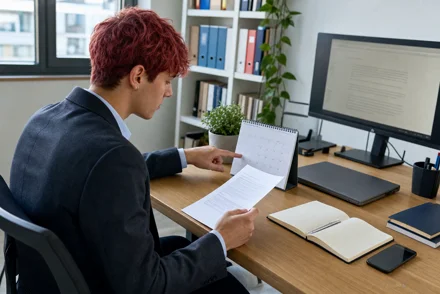 Uomo in giacca seduto a una scrivania, consulta fogli e calendario vicino a un monitor, in un ufficio con luce naturale da finestra.
