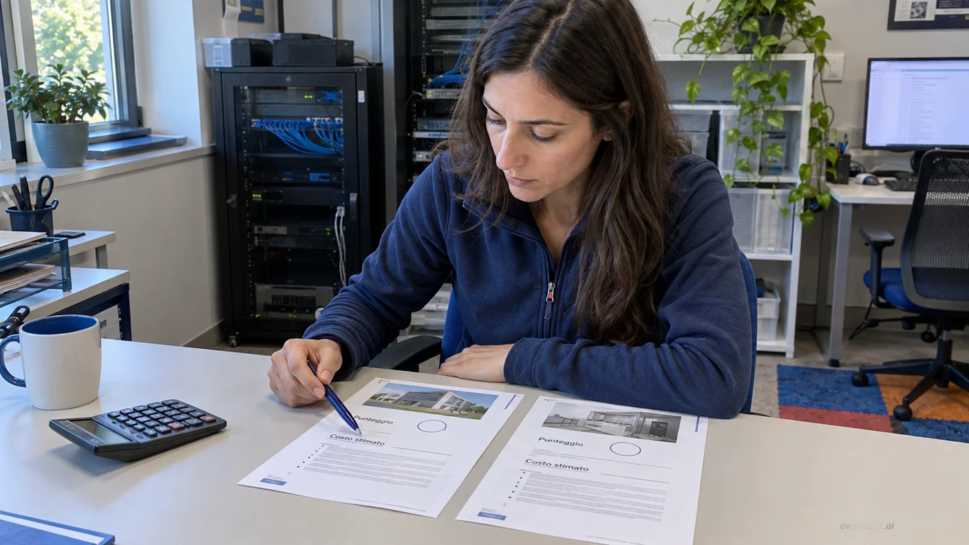 Donna seduta a una scrivania esamina documenti stampati con una penna in mano, accanto a tazza e calcolatrice, in un ufficio con armadio server sullo sfondo.