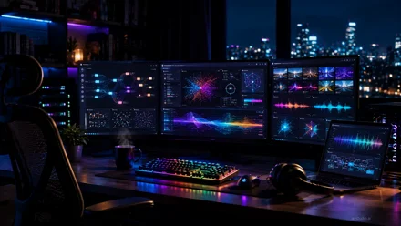 Circuiti stampati verdi con chip AI sovrapposti, illuminazione tecnica calda su sfondo scuro, dettaglio macro elettronico.