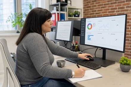 Donna seduta a una scrivania scrive su un blocco note mentre osserva grafici e statistiche su un monitor, in un ufficio con parete di mattoni.