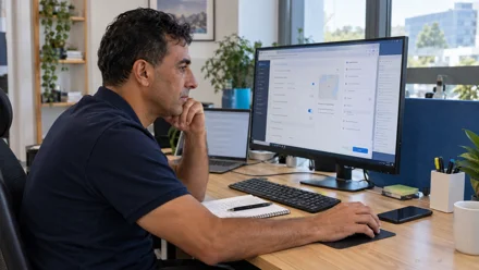 Uomo seduto alla scrivania osserva schermo del computer con grafici e dati, mano al mento, in un ufficio luminoso con piante.