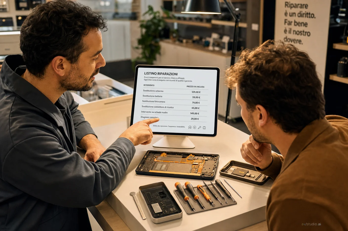 Due uomini a un banco consultano un tablet con un listino riparazioni. Sul tavolo uno smartphone smontato e attrezzi da tecnico.