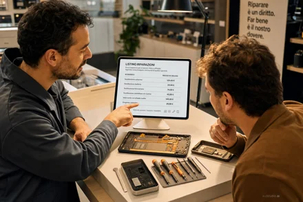 Due uomini a un banco consultano un tablet con un listino riparazioni. Sul tavolo uno smartphone smontato e attrezzi da tecnico.