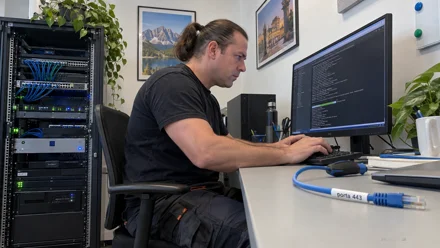 Uomo seduto alla scrivania digita su tastiera davanti a monitor con codice, accanto a un rack server in un ufficio illuminato.