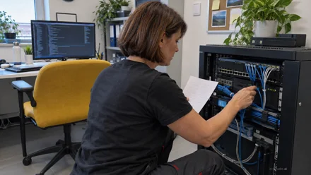 Donna seduta collega cavi blu a un armadio server, tenendo un foglio in mano. Sullo sfondo scrivania con monitor e sedia gialla.