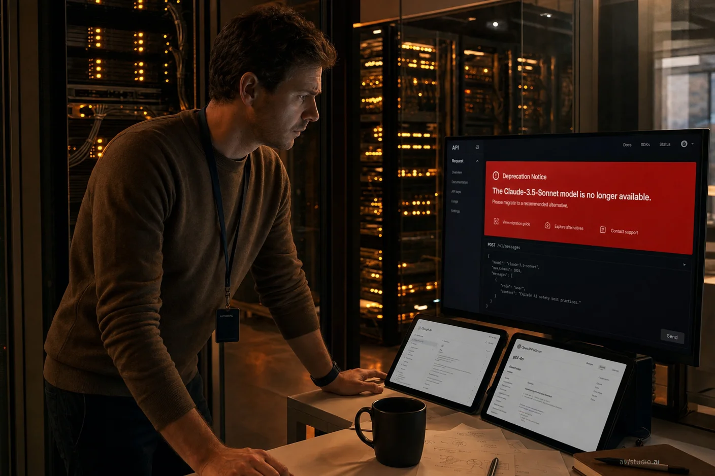 Un uomo in maglione grigio osserva monitor che mostrano un messaggio di errore su sfondo rosso, in una sala server scarsamente illuminata.