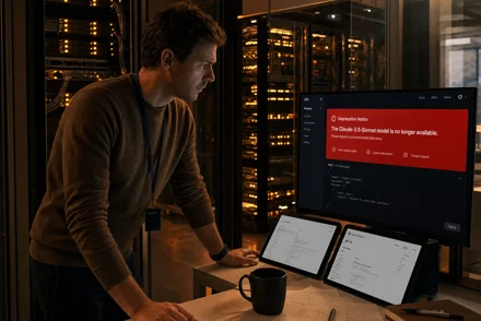 Un uomo in maglione grigio osserva monitor che mostrano un messaggio di errore su sfondo rosso, in una sala server scarsamente illuminata.