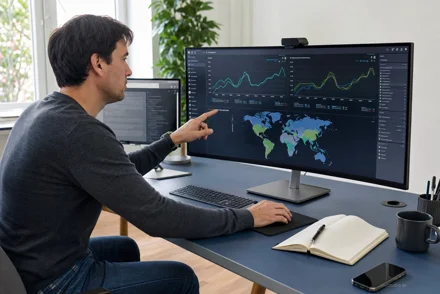 Uomo seduto alla scrivania indica un monitor con grafici e mappa del mondo, luce naturale da finestra, ufficio con piante sullo sfondo.