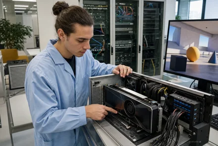 Tecnico con camice azzurro installa una scheda video in un computer aperto, in una sala server con monitor e rack sullo sfondo.