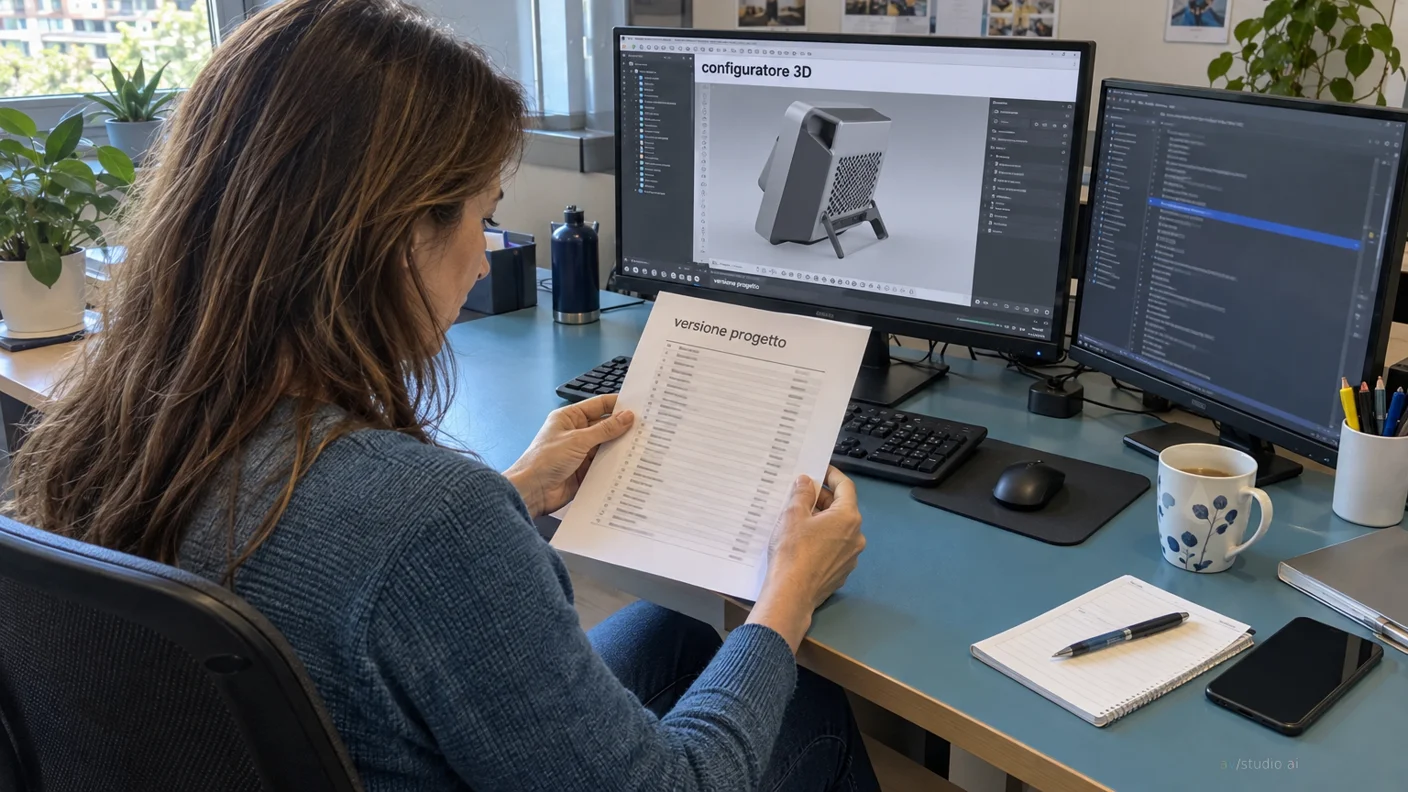 Donna seduta a una scrivania legge un documento stampato davanti a due monitor con un modello 3D e righe di codice.